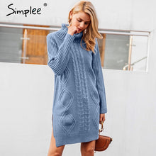 Load image into Gallery viewer, Simplee Turtleneck high split knitting pullover Autumn winter long sleeve leisure sweater dress women pull streetwear jumper